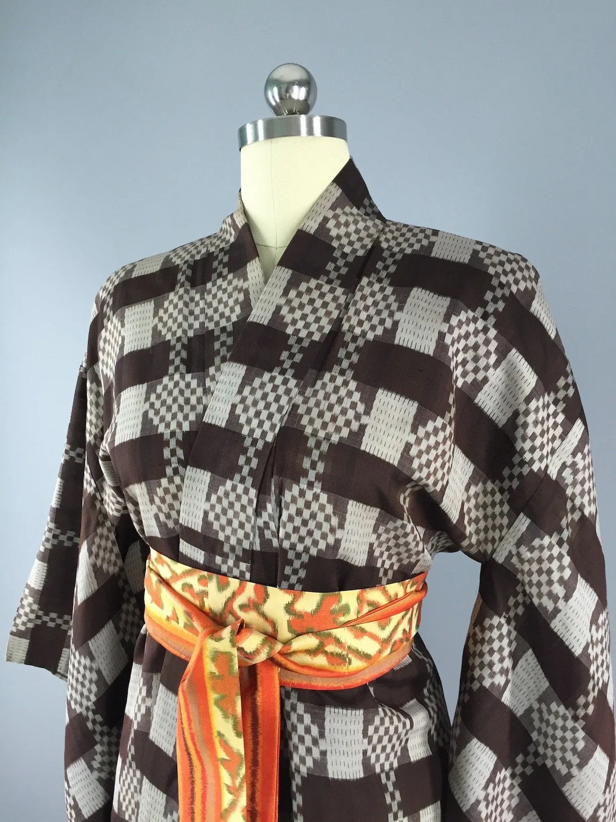 1940s Vintage Silk Kimono Robe, Brown Meisen Ikat Plaid