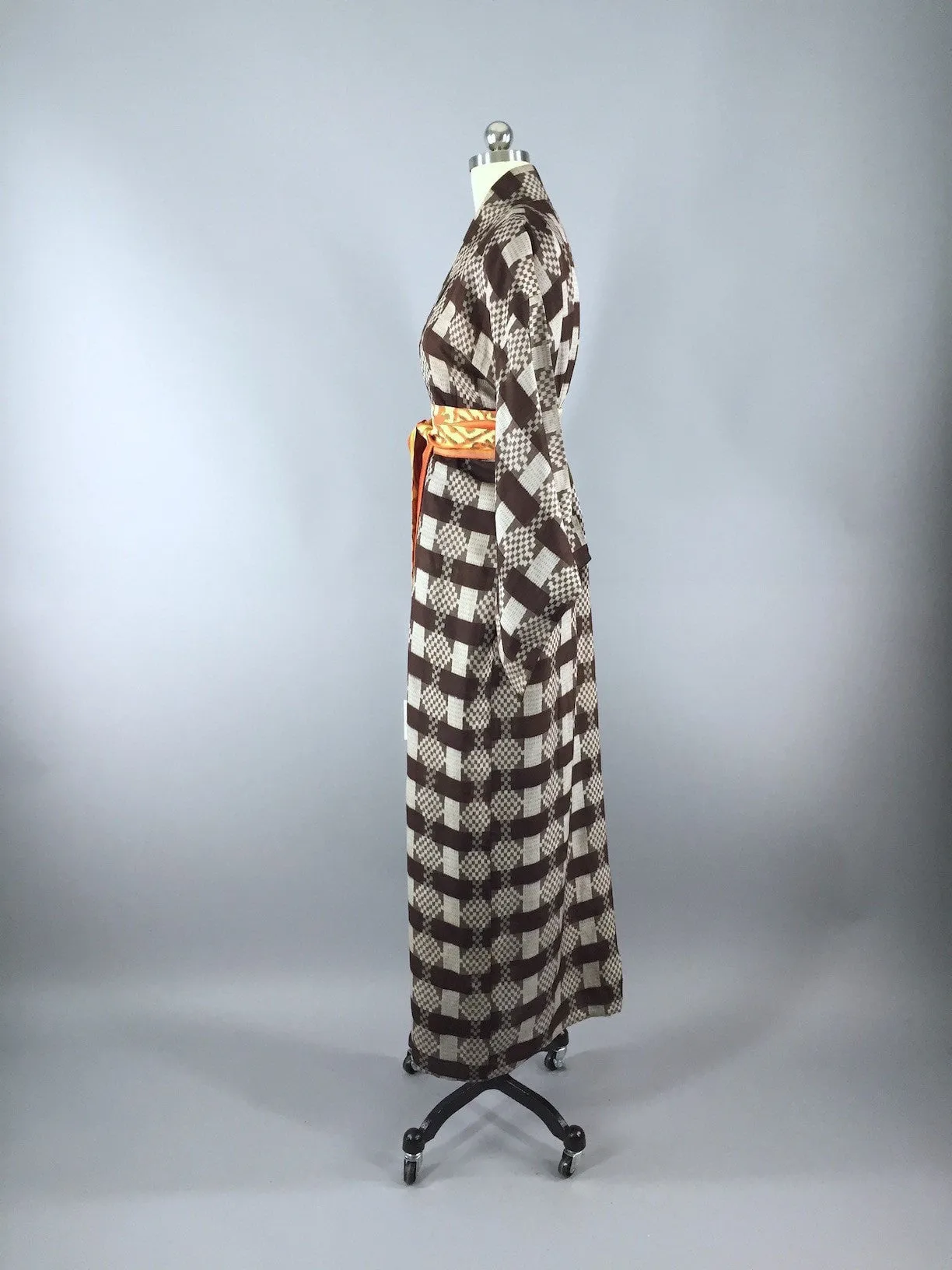 1940s Vintage Silk Kimono Robe, Brown Meisen Ikat Plaid