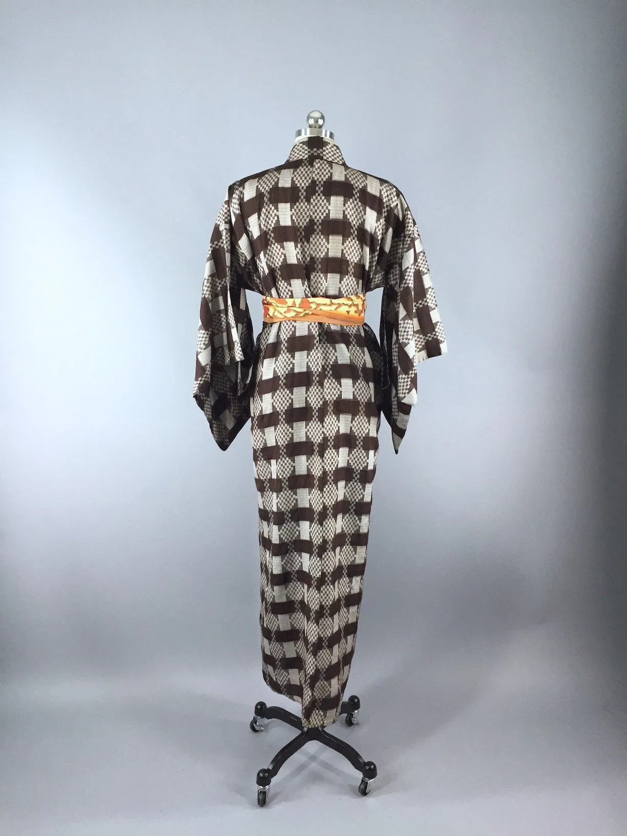1940s Vintage Silk Kimono Robe, Brown Meisen Ikat Plaid
