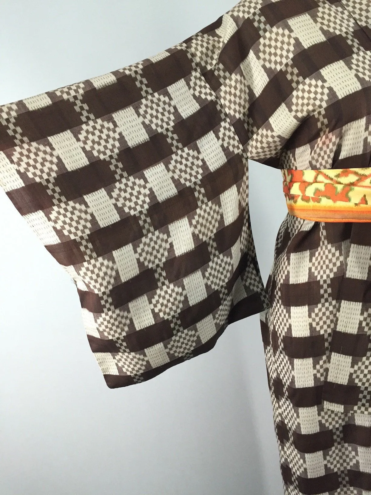 1940s Vintage Silk Kimono Robe, Brown Meisen Ikat Plaid