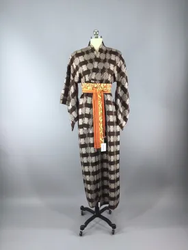 1940s Vintage Silk Kimono Robe, Brown Meisen Ikat Plaid