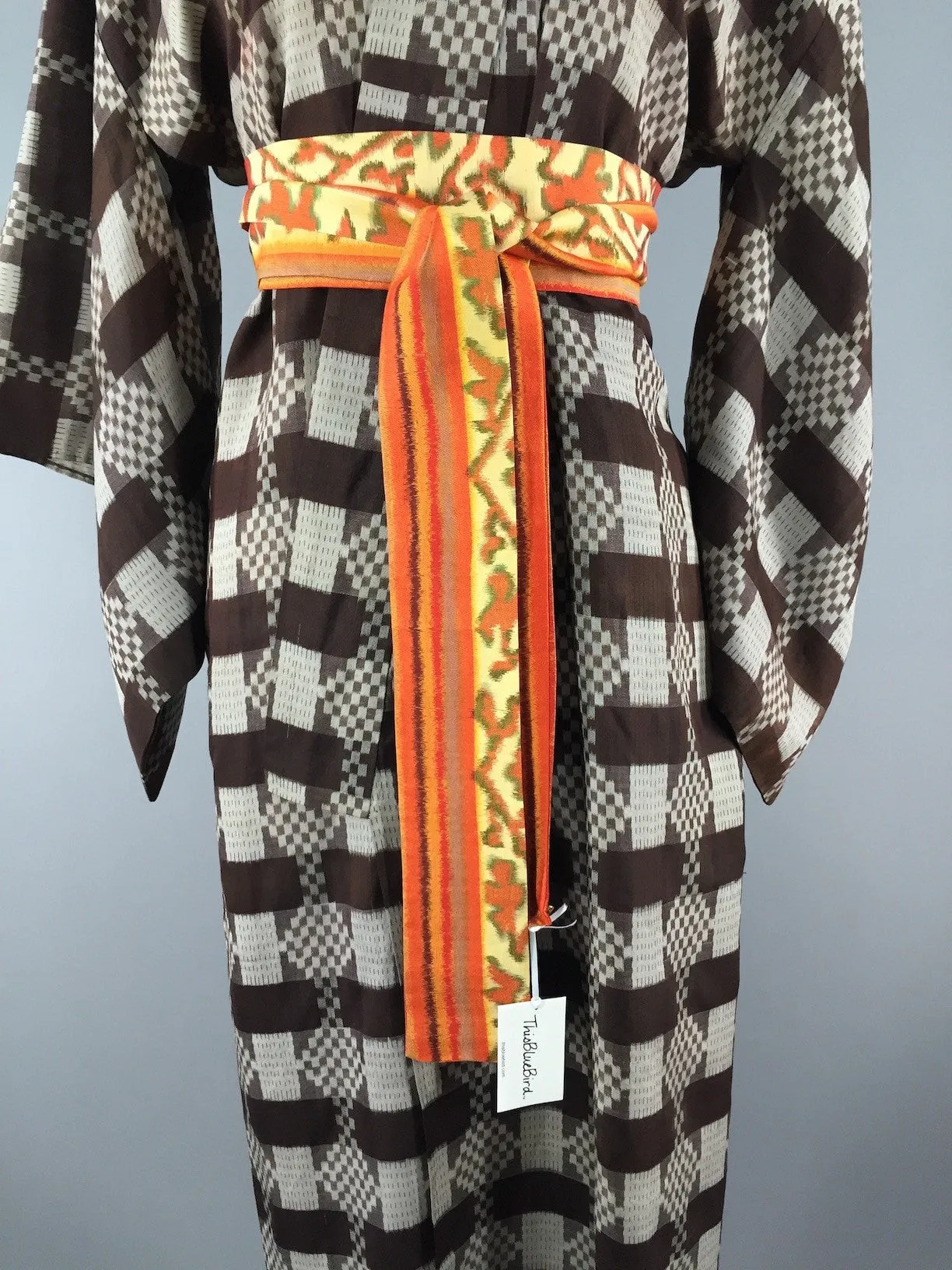 1940s Vintage Silk Kimono Robe, Brown Meisen Ikat Plaid