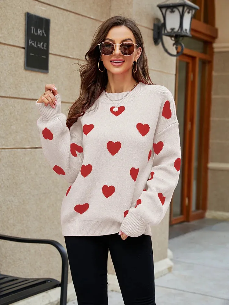 2024 Winter New Love Pullover Round Neck Long Sleeve Knitted Women's Loose Casual Sweater