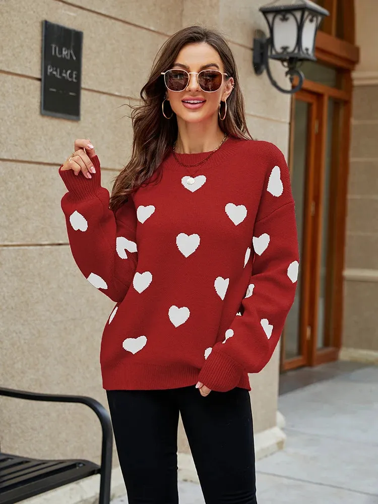 2024 Winter New Love Pullover Round Neck Long Sleeve Knitted Women's Loose Casual Sweater