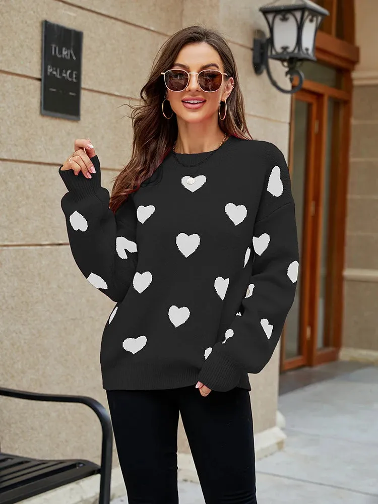 2024 Winter New Love Pullover Round Neck Long Sleeve Knitted Women's Loose Casual Sweater