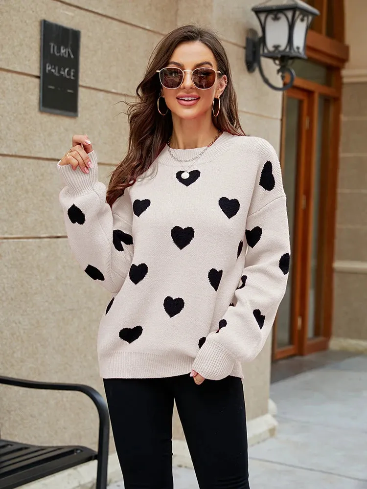 2024 Winter New Love Pullover Round Neck Long Sleeve Knitted Women's Loose Casual Sweater