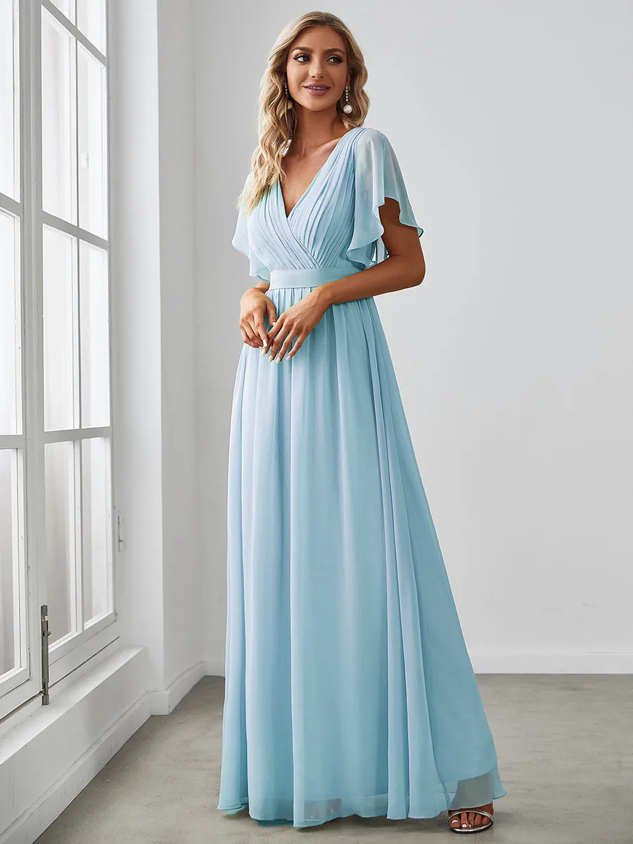A Line Wholesale Bridesmaid Dresses with Deep V Neck Ruffles Sleeves