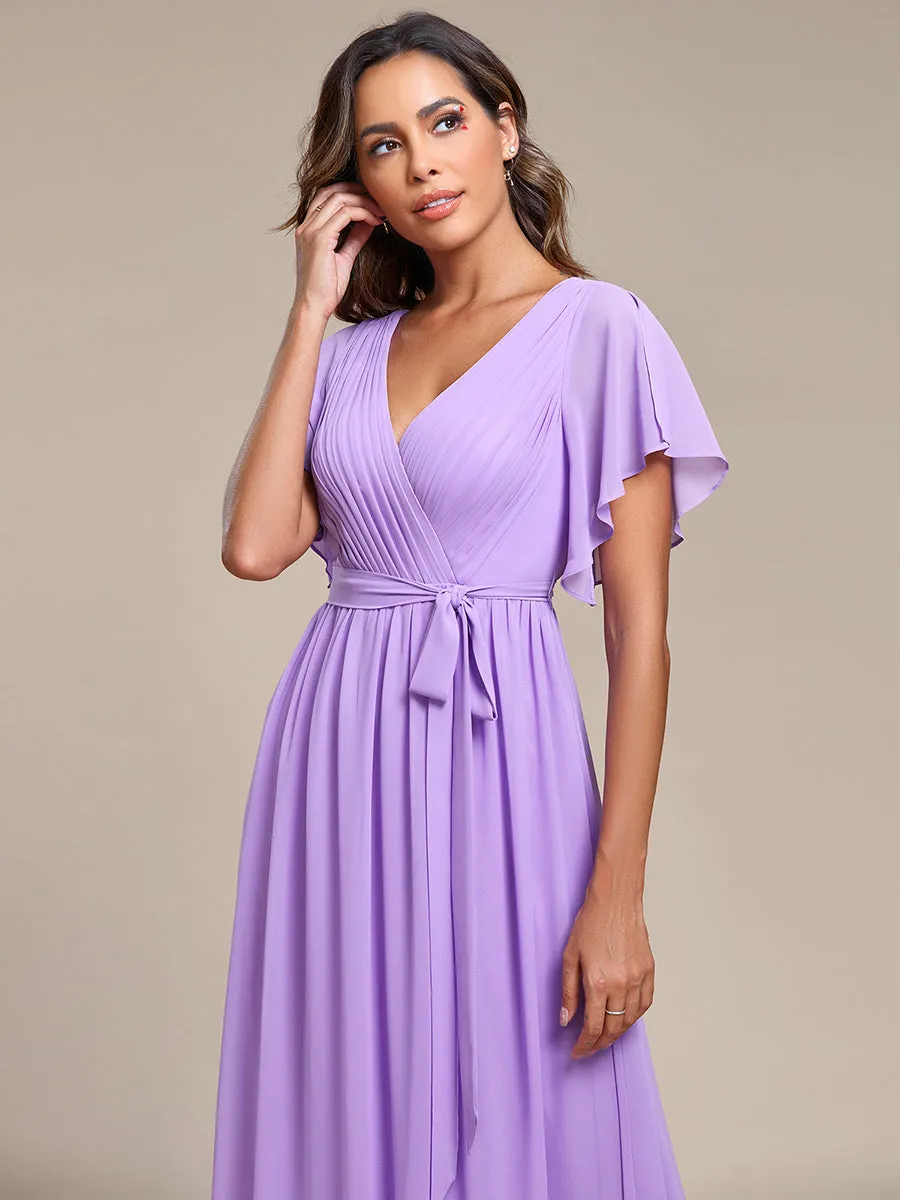 A Line Wholesale Bridesmaid Dresses with Deep V Neck Ruffles Sleeves