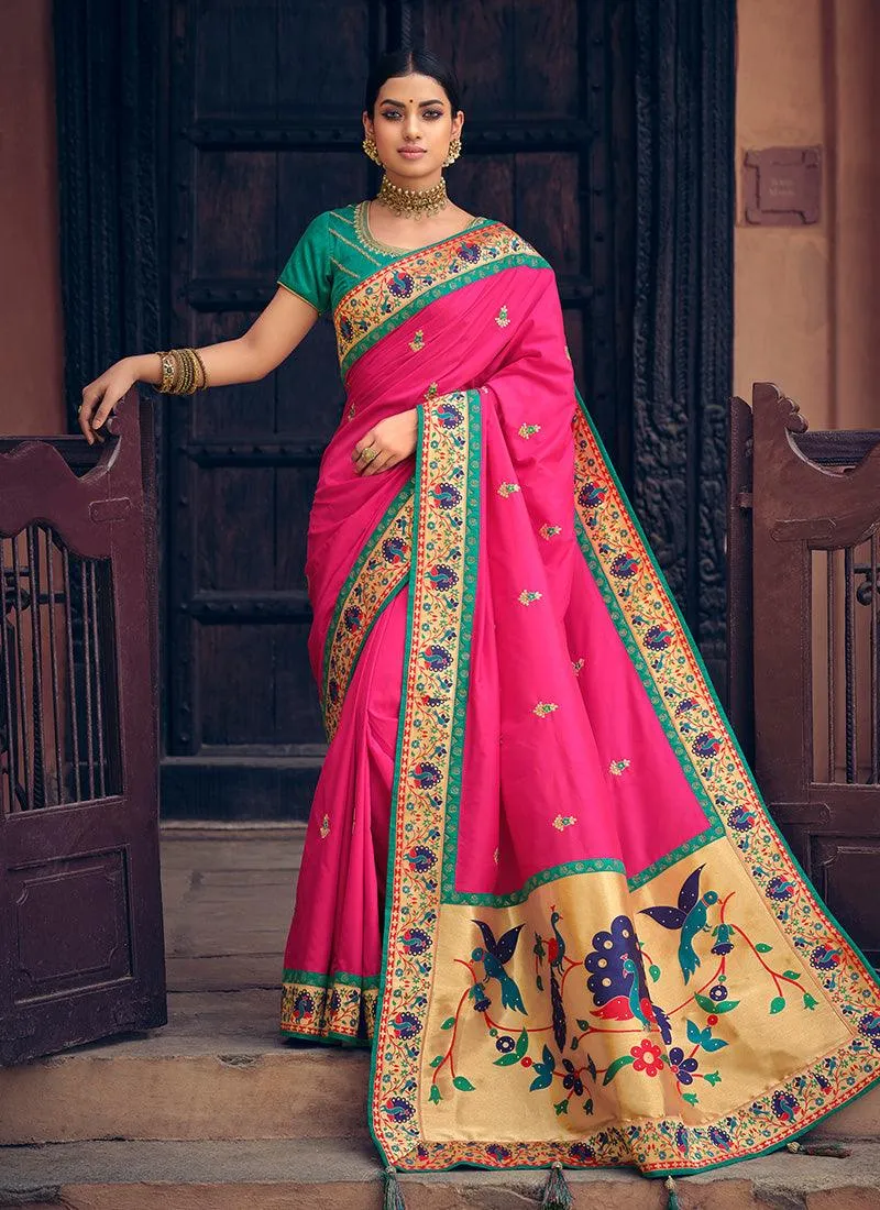 Alluring Look Deep Pink Color Zari And Lace Work Half And Half Saree