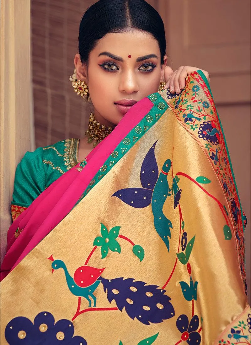 Alluring Look Deep Pink Color Zari And Lace Work Half And Half Saree
