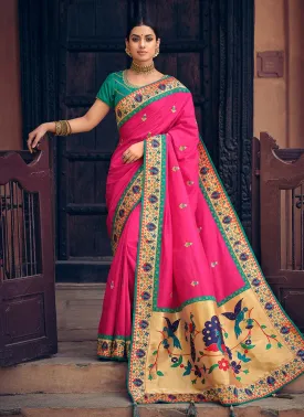 Alluring Look Deep Pink Color Zari And Lace Work Half And Half Saree