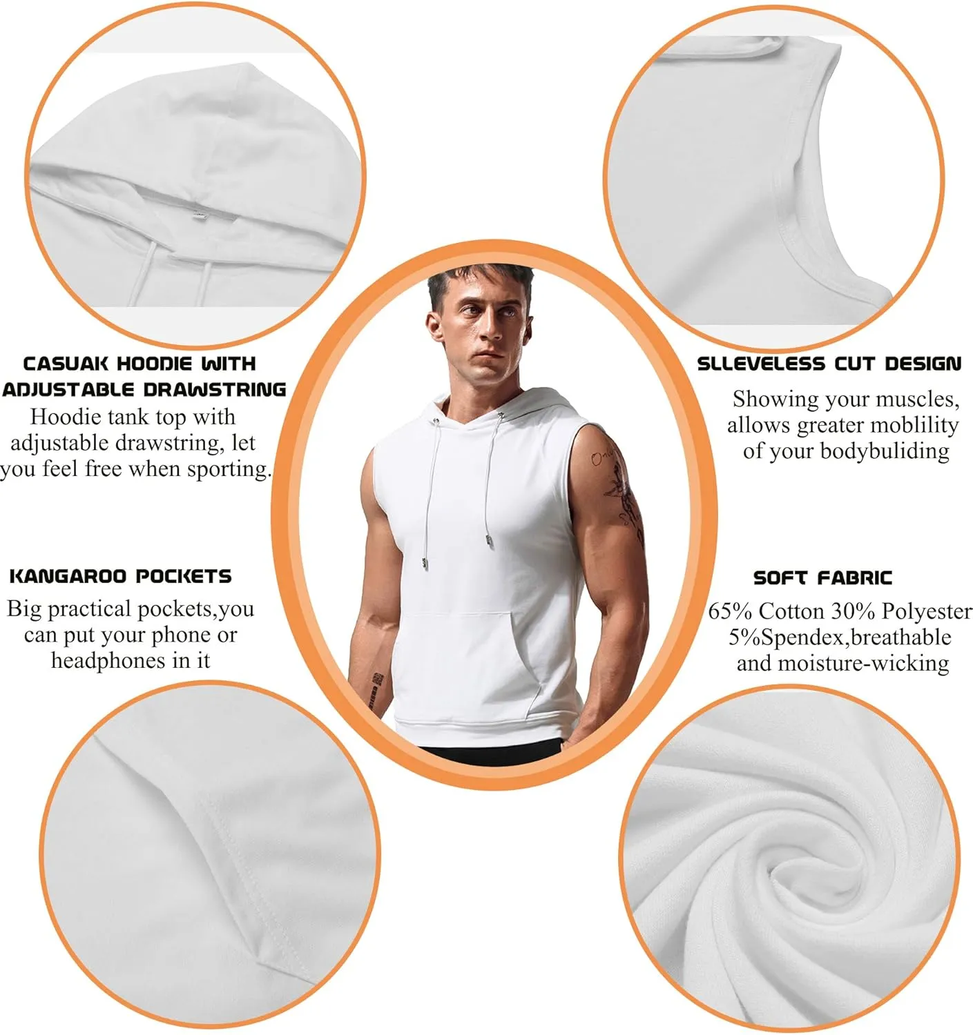 Babioboa Men's Workout Hooded Tank Tops Sleeveless Gym Hoodies Bodybuilding Muscle Cut Off T-Shirts