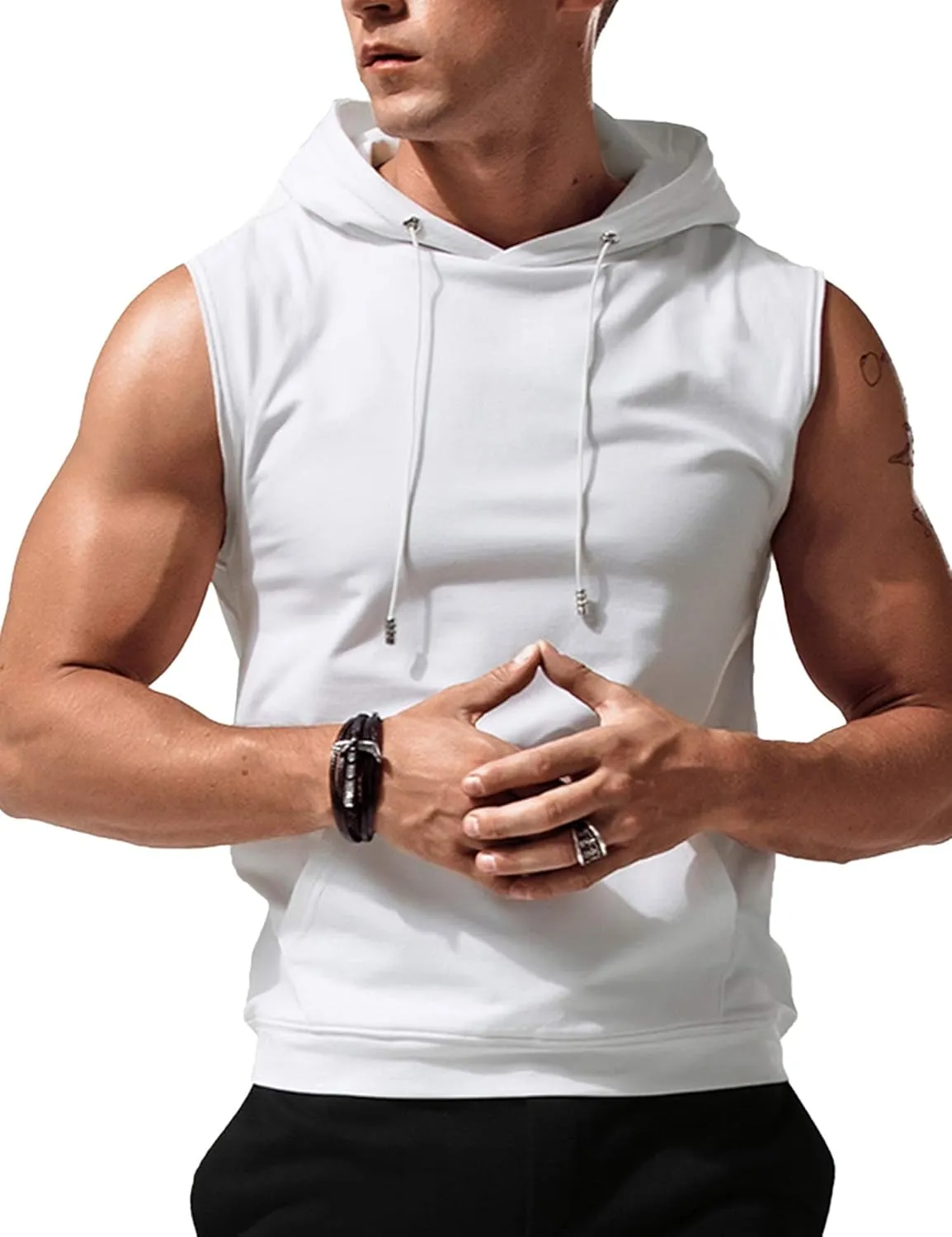 Babioboa Men's Workout Hooded Tank Tops Sleeveless Gym Hoodies Bodybuilding Muscle Cut Off T-Shirts