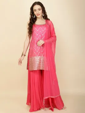 Bandhani Print Art Silk Handloom Suit Set With Dupatta & Sharara