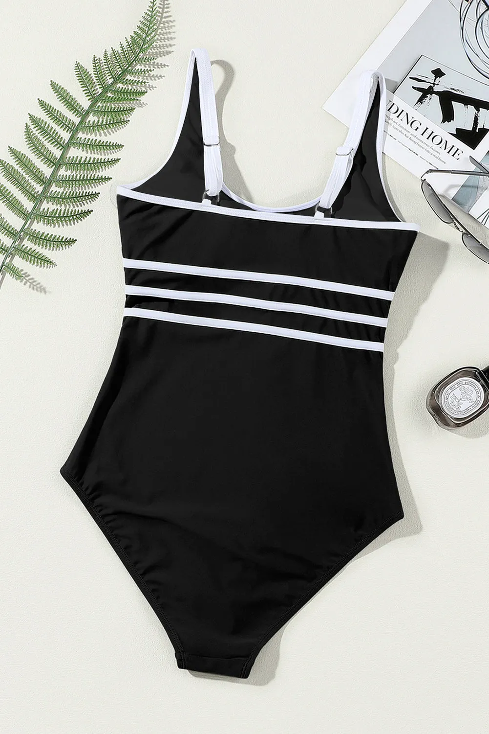 Black Contrast Trim U Neck One Piece Swimwear