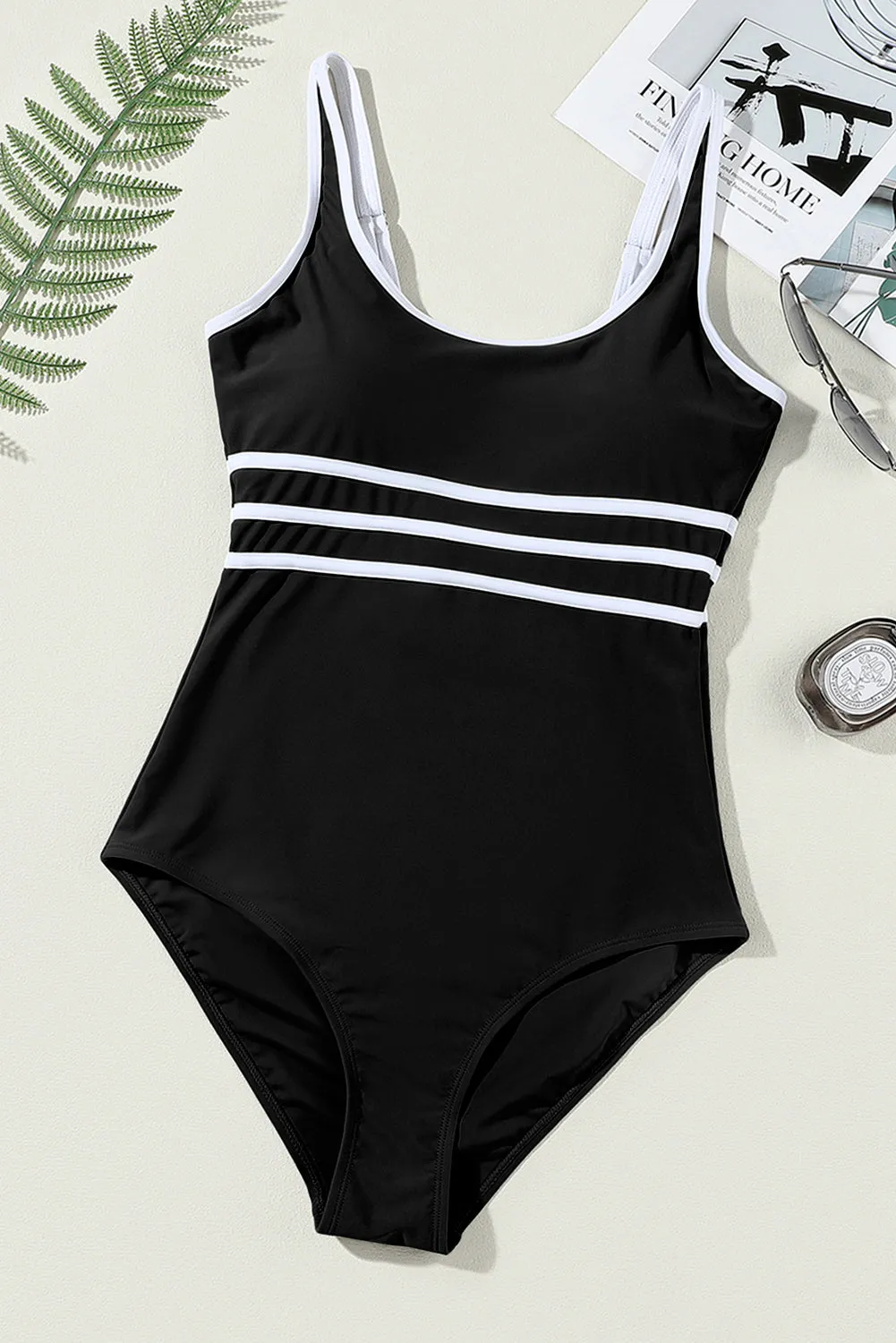 Black Contrast Trim U Neck One Piece Swimwear