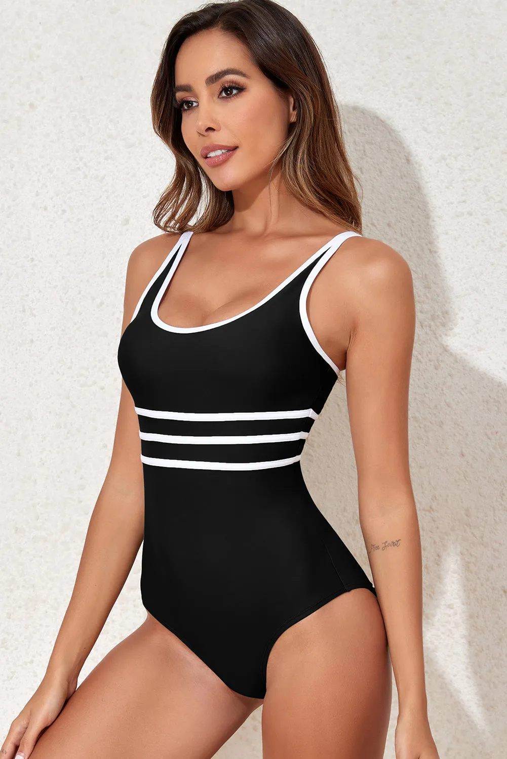 Black Contrast Trim U Neck One Piece Swimwear