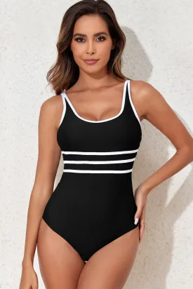 Black Contrast Trim U Neck One Piece Swimwear