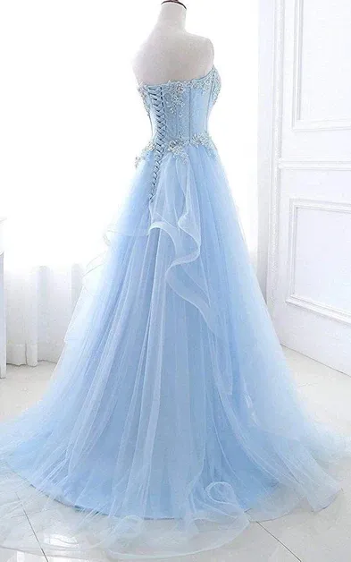 Blue Sweetheart A-Line Lace Tulle Long Prom Dress with Beading,DP1407