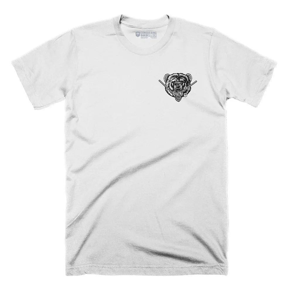 Breaking Barbell Bear - on White Tee