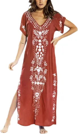 Busbseach Caftan Dresses for Women Embroidery Short Sleeve Beach Cover Up V Neck Maxi Kaftan Dress