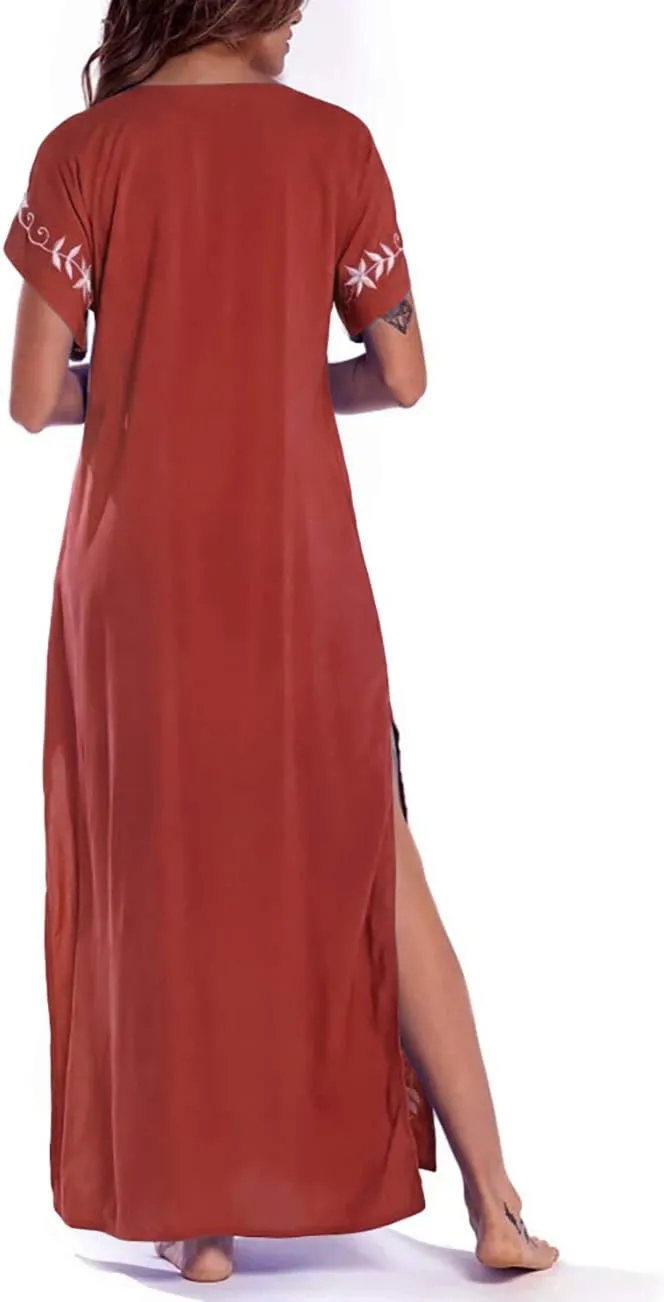 Busbseach Caftan Dresses for Women Embroidery Short Sleeve Beach Cover Up V Neck Maxi Kaftan Dress