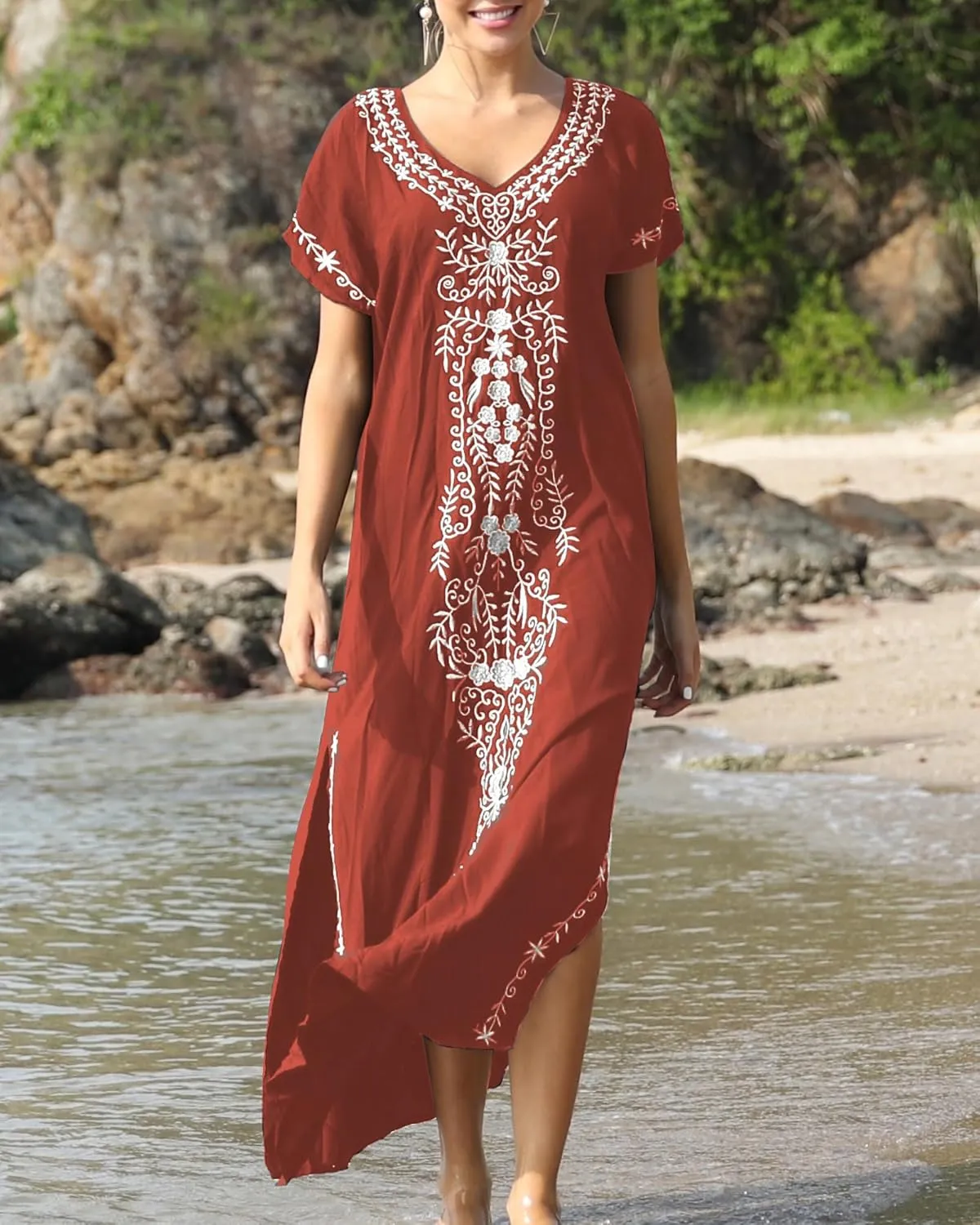 Busbseach Caftan Dresses for Women Embroidery Short Sleeve Beach Cover Up V Neck Maxi Kaftan Dress