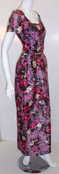 CEIL CHAPMAN 1940s Long Pink Silk Floral Print Drape Waist Gown