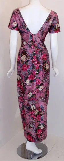 CEIL CHAPMAN 1940s Long Pink Silk Floral Print Drape Waist Gown