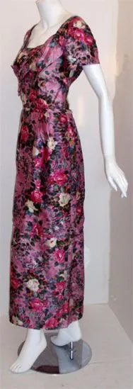 CEIL CHAPMAN 1940s Long Pink Silk Floral Print Drape Waist Gown