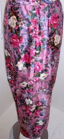 CEIL CHAPMAN 1940s Long Pink Silk Floral Print Drape Waist Gown