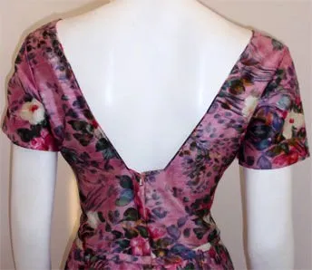 CEIL CHAPMAN 1940s Long Pink Silk Floral Print Drape Waist Gown