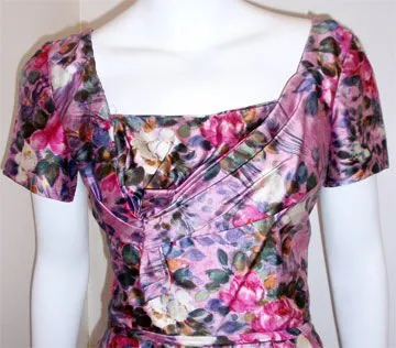 CEIL CHAPMAN 1940s Long Pink Silk Floral Print Drape Waist Gown