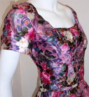 CEIL CHAPMAN 1940s Long Pink Silk Floral Print Drape Waist Gown