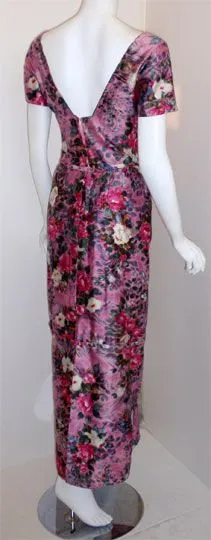CEIL CHAPMAN 1940s Long Pink Silk Floral Print Drape Waist Gown