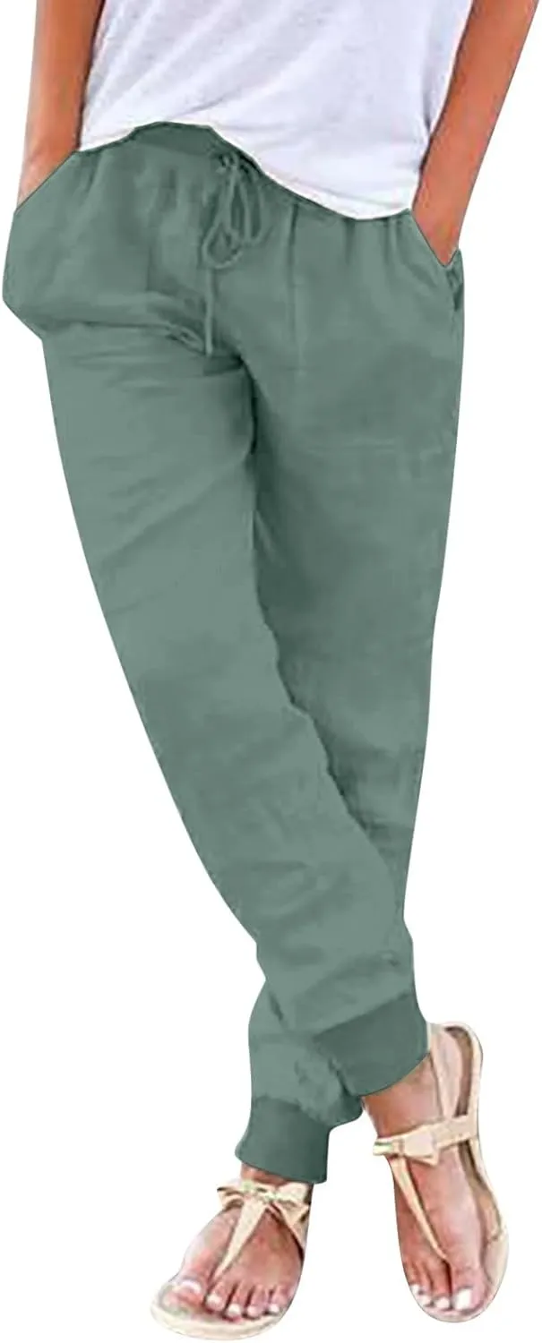 Cotton Joggers for Women Elastic Waist Lightweight Tapered Leg Sweatpants with Pockets Summer Casual Vacation Clothes