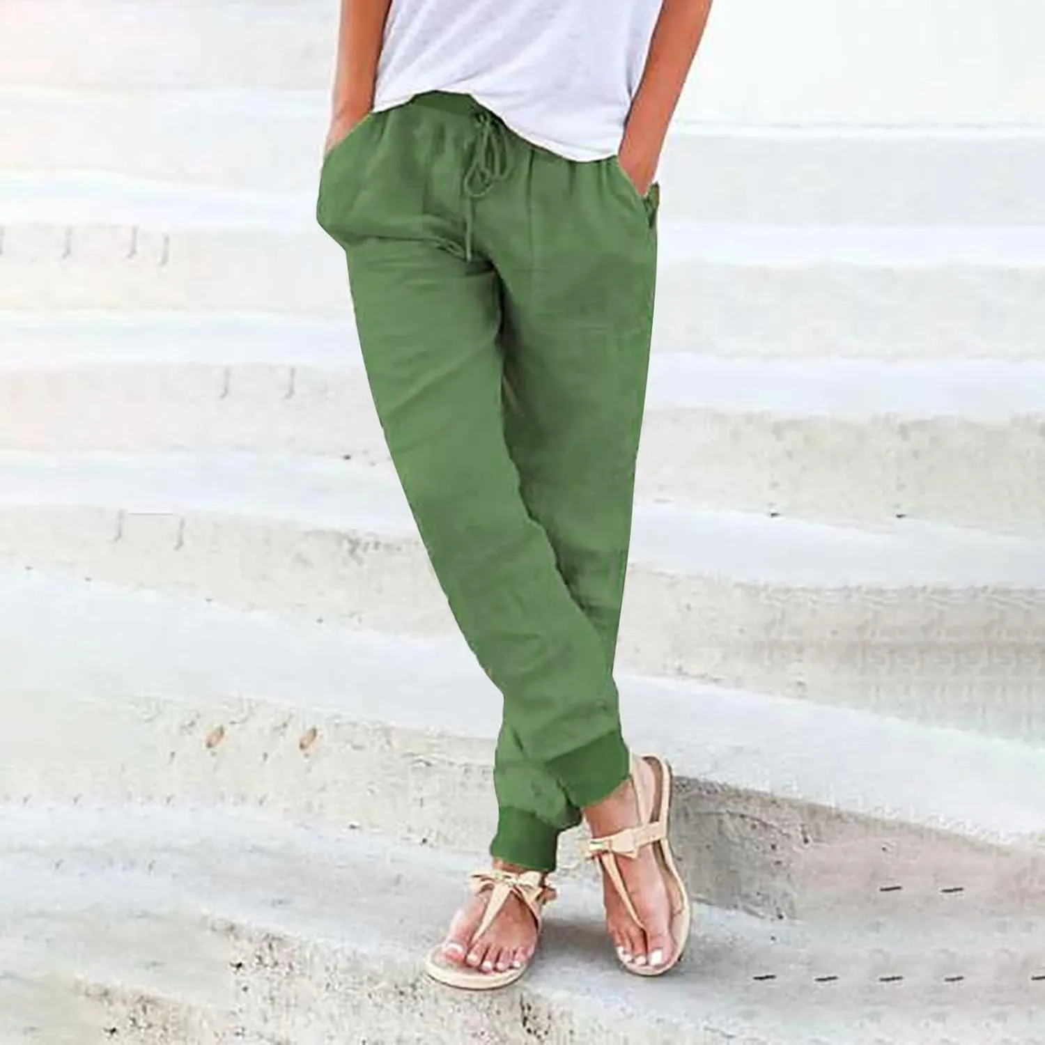 Cotton Joggers for Women Elastic Waist Lightweight Tapered Leg Sweatpants with Pockets Summer Casual Vacation Clothes