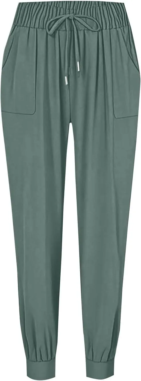Cotton Joggers for Women Elastic Waist Lightweight Tapered Leg Sweatpants with Pockets Summer Casual Vacation Clothes