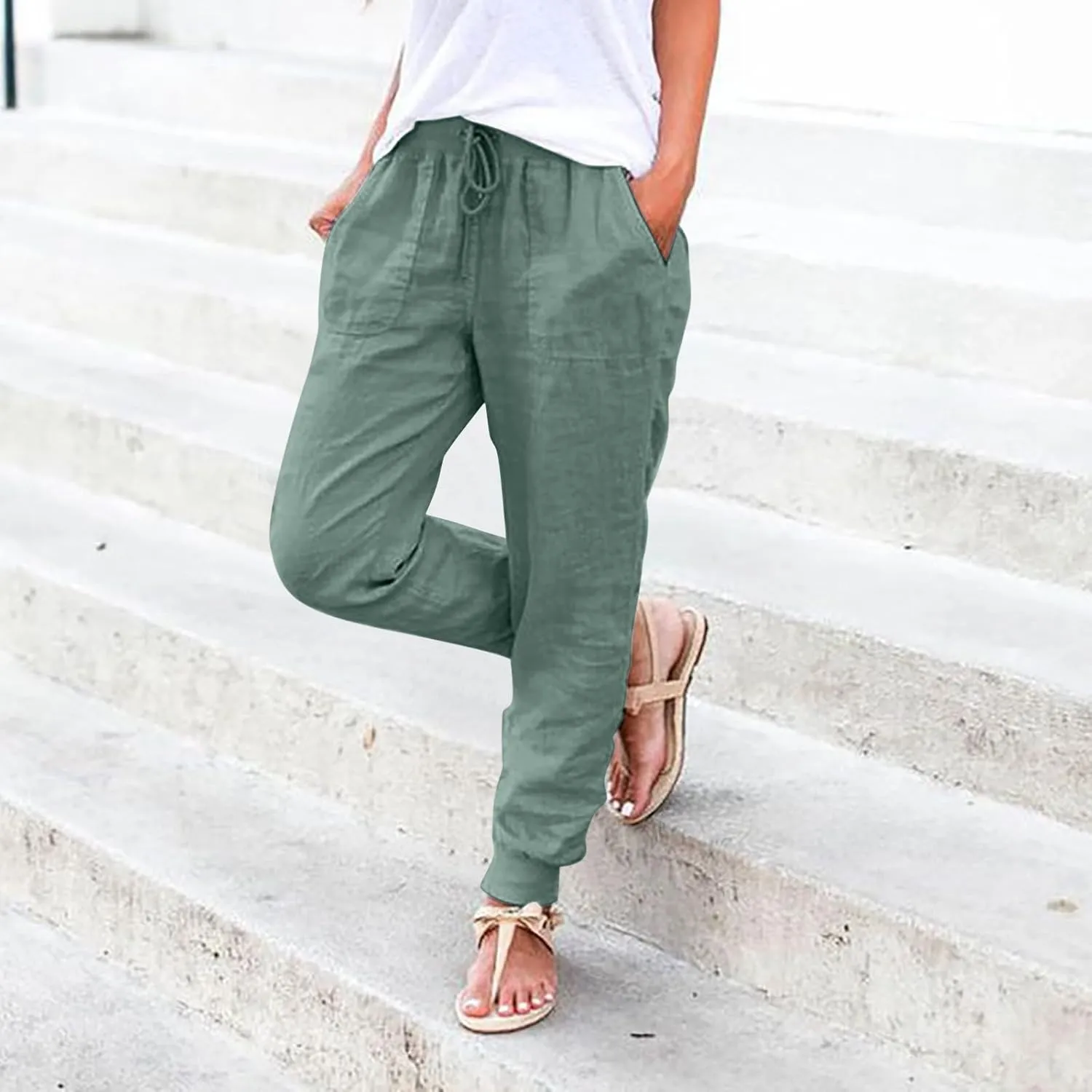Cotton Joggers for Women Elastic Waist Lightweight Tapered Leg Sweatpants with Pockets Summer Casual Vacation Clothes