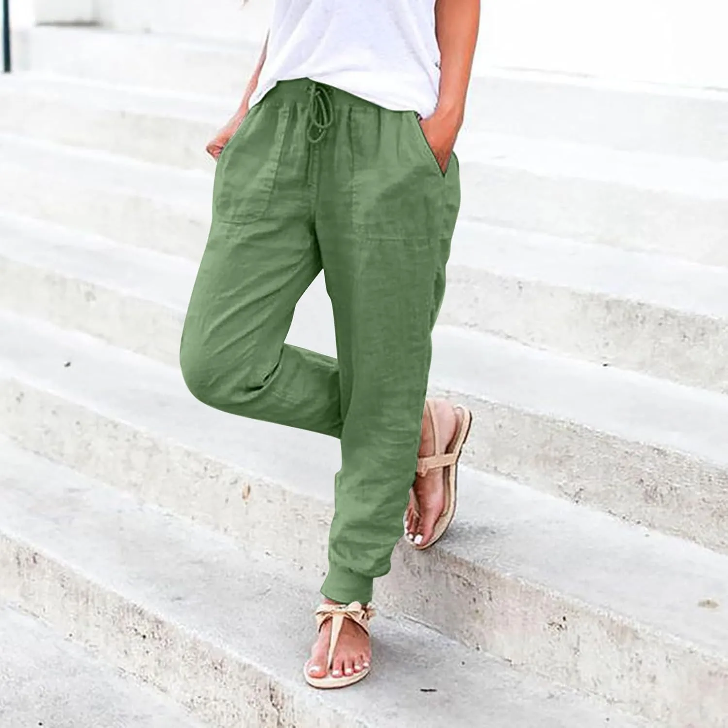 Cotton Joggers for Women Elastic Waist Lightweight Tapered Leg Sweatpants with Pockets Summer Casual Vacation Clothes