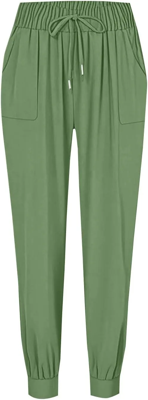 Cotton Joggers for Women Elastic Waist Lightweight Tapered Leg Sweatpants with Pockets Summer Casual Vacation Clothes