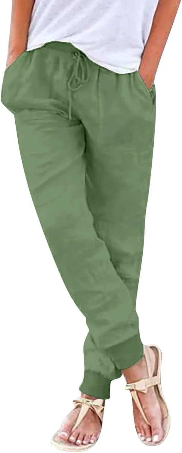 Cotton Joggers for Women Elastic Waist Lightweight Tapered Leg Sweatpants with Pockets Summer Casual Vacation Clothes