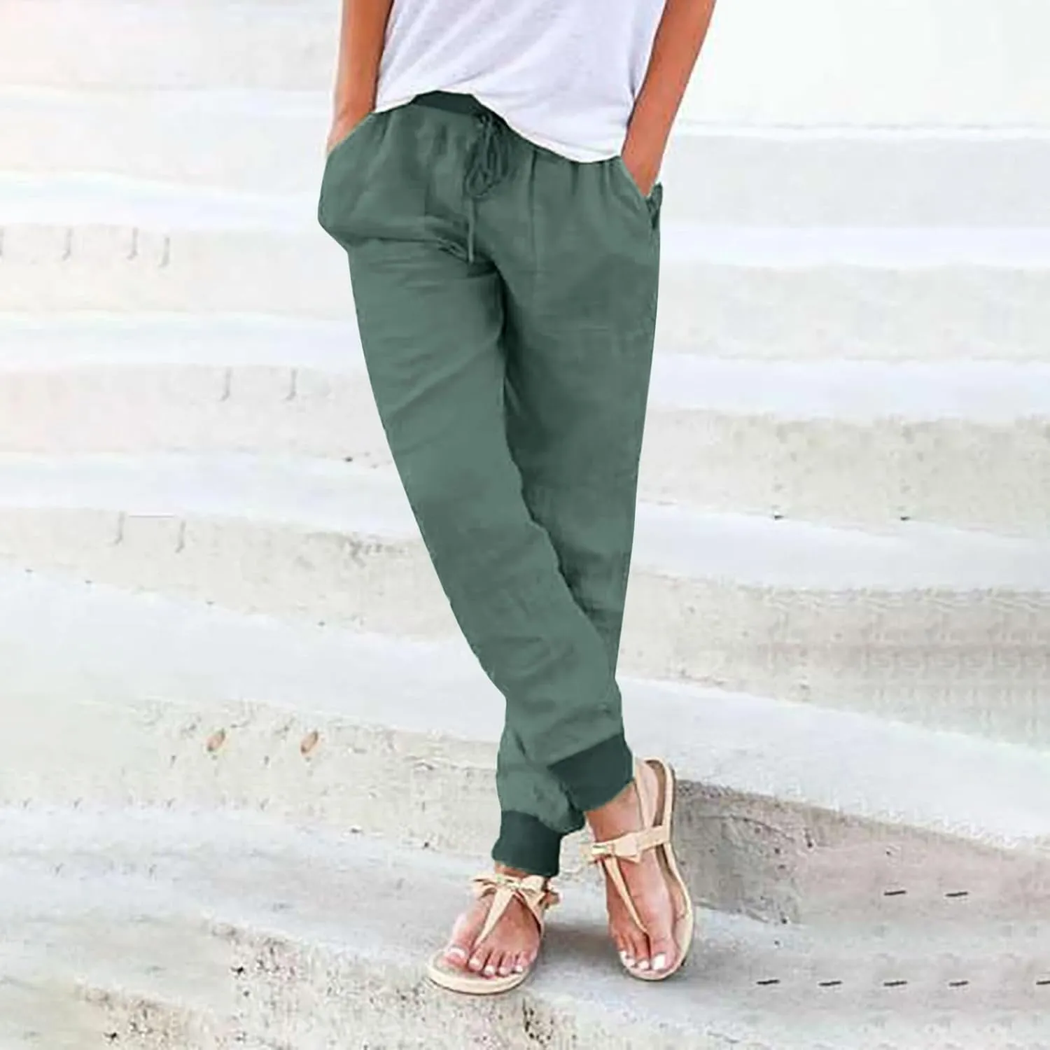Cotton Joggers for Women Elastic Waist Lightweight Tapered Leg Sweatpants with Pockets Summer Casual Vacation Clothes