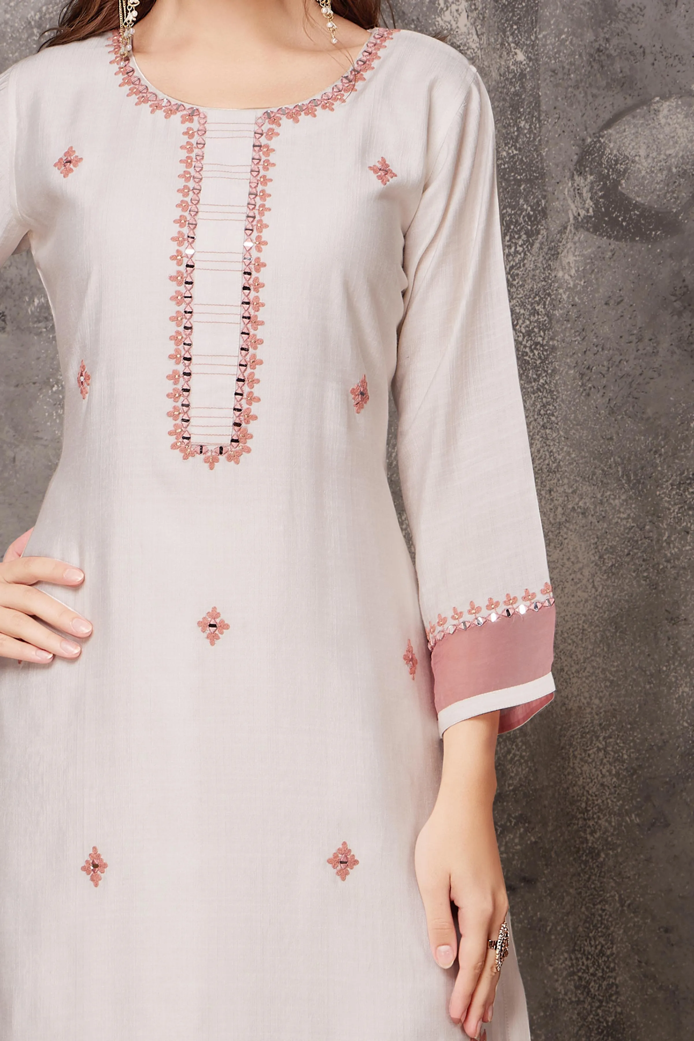 Cream Thread, Mirror and Zari work Designer Kurti