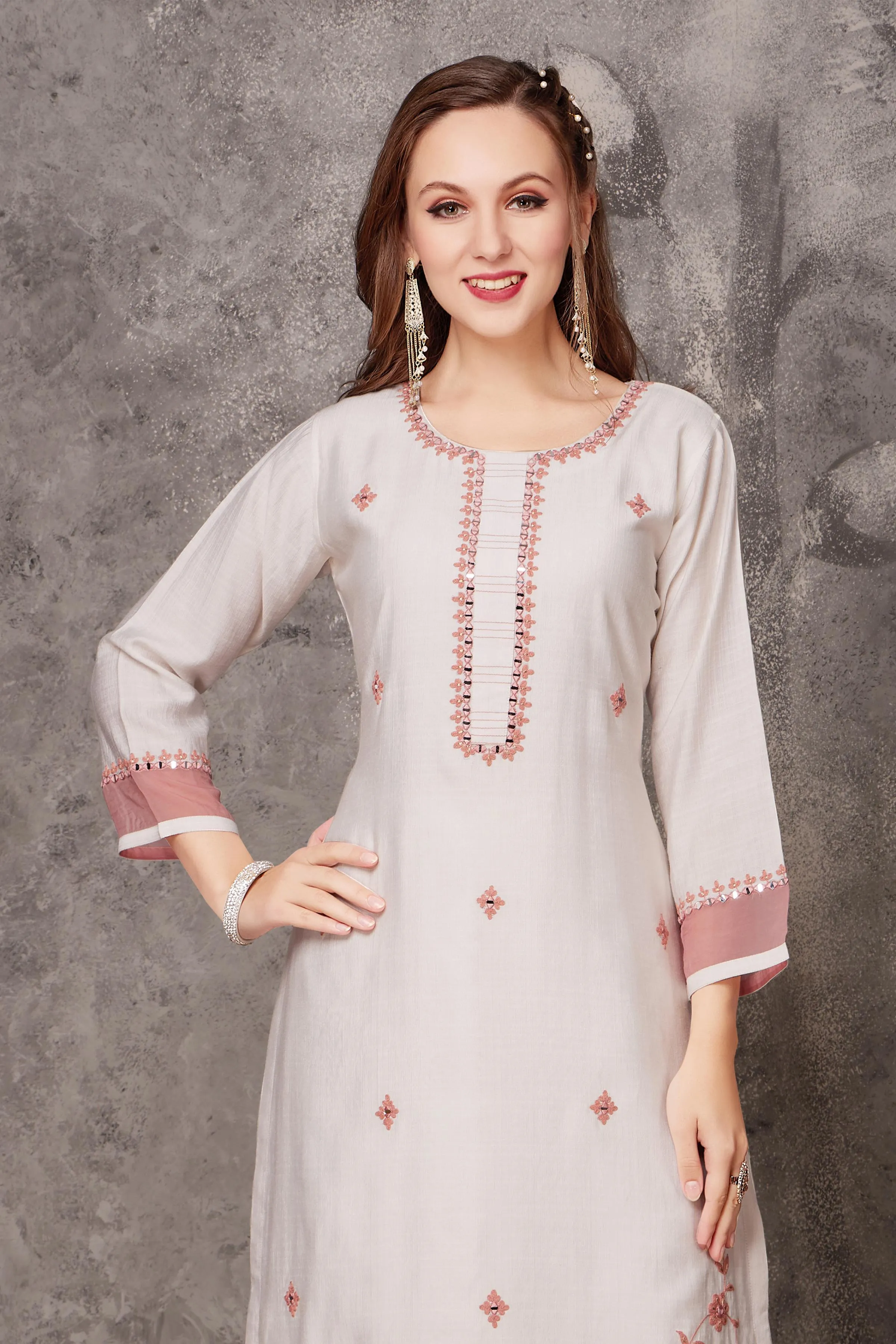Cream Thread, Mirror and Zari work Designer Kurti