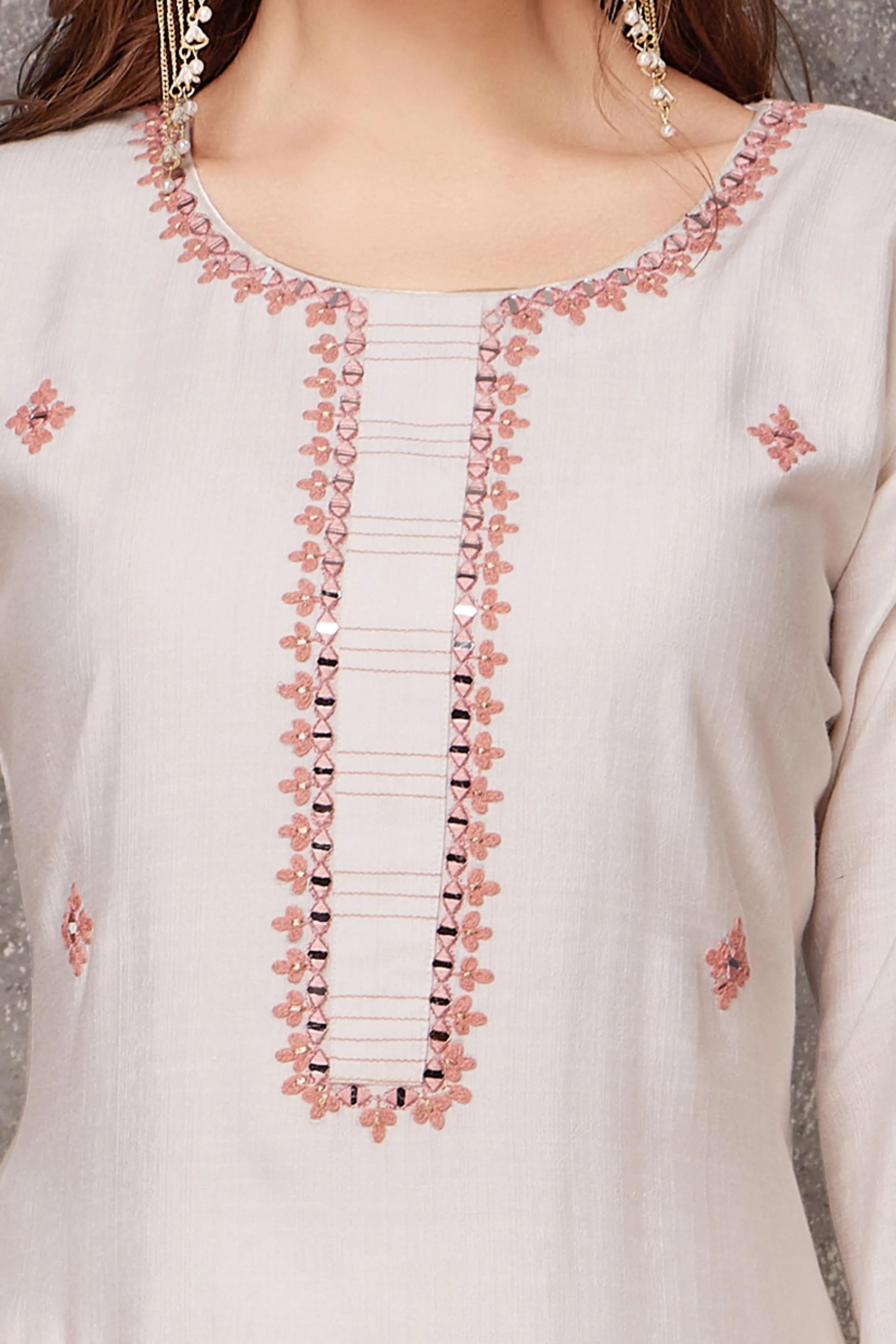 Cream Thread, Mirror and Zari work Designer Kurti