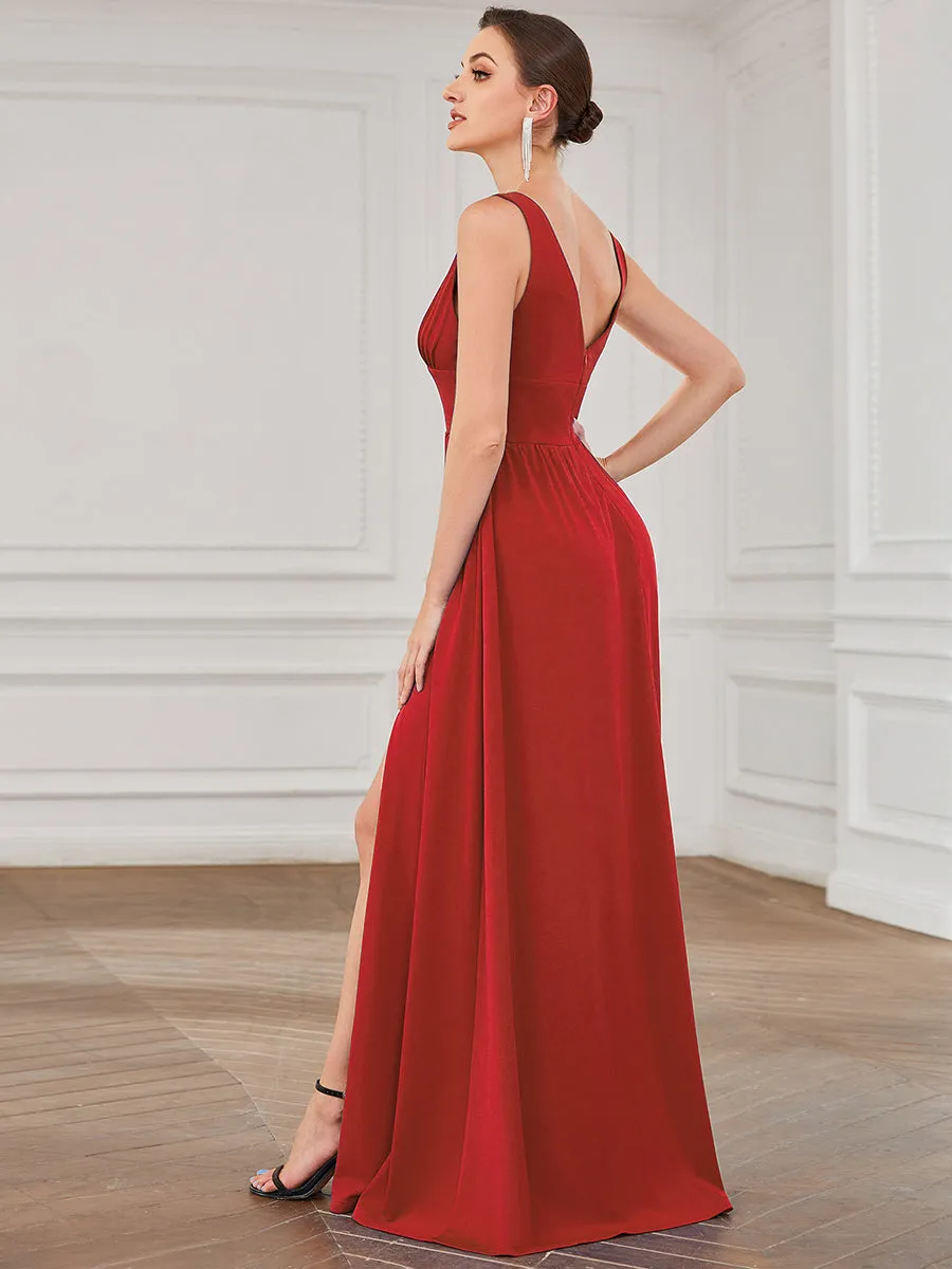 Deep V Neck and A Line Sleeveless Wholesale Bridesmaid Dresses