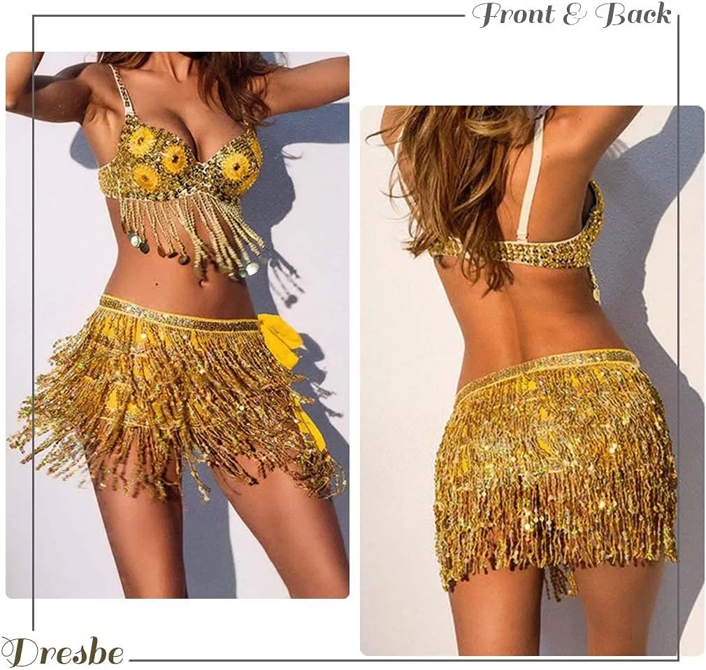 DRESBE Fringe Sequin Belly Dance Skirt Rave Festival Outfits for Women