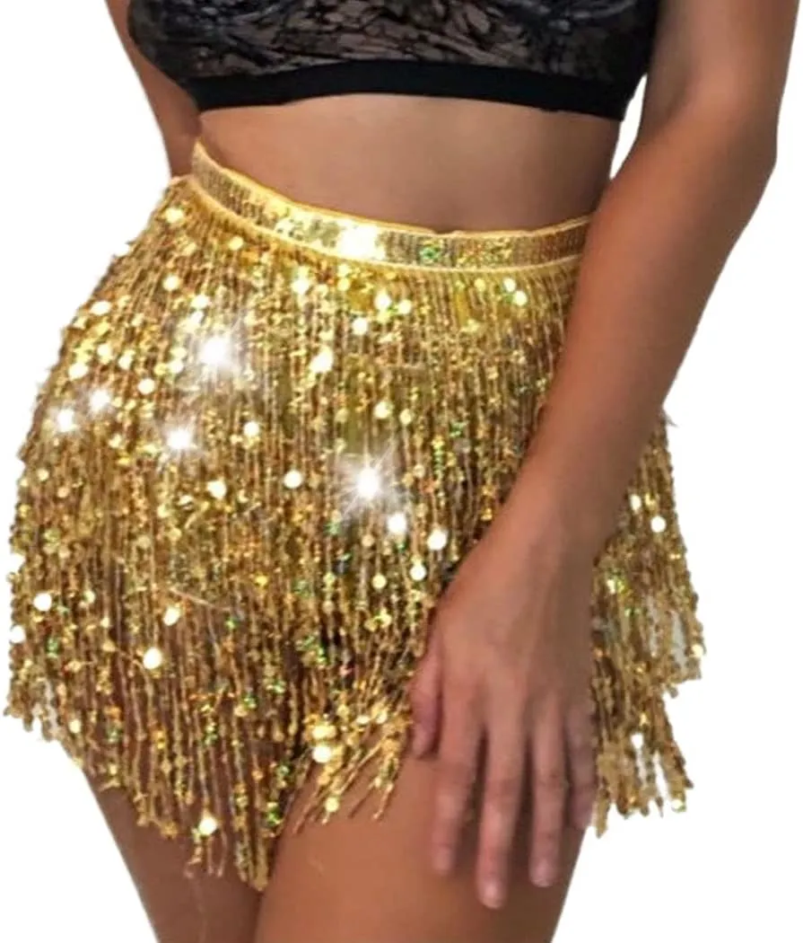 DRESBE Fringe Sequin Belly Dance Skirt Rave Festival Outfits for Women