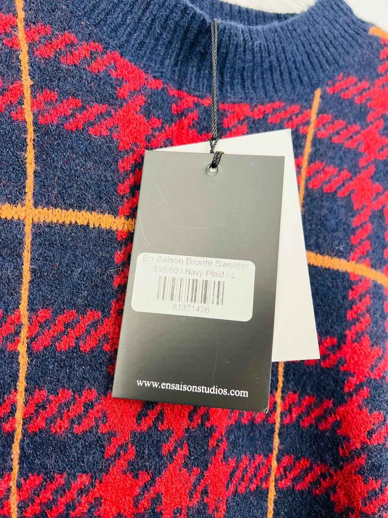 En Saison Size L Navy/Red Houndstooth Knit NEW Designer Sweater